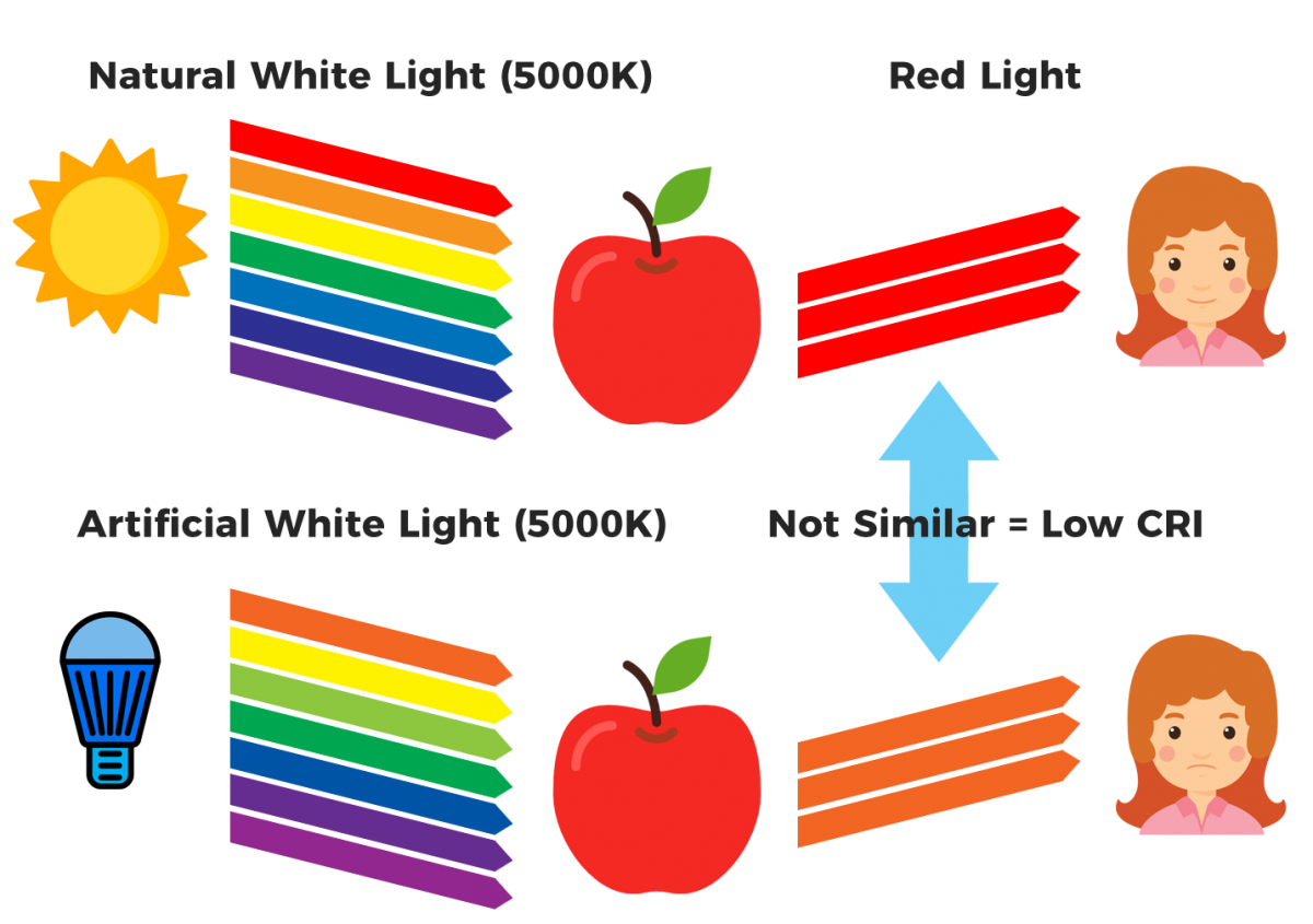graphic illustrating the difference between natural white light and artificial white light and cri level