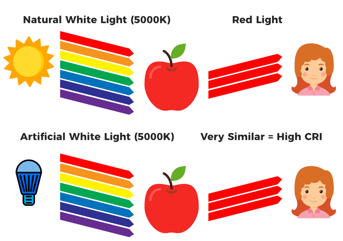 graphic comparing natural and artificial white light and it's CRI level